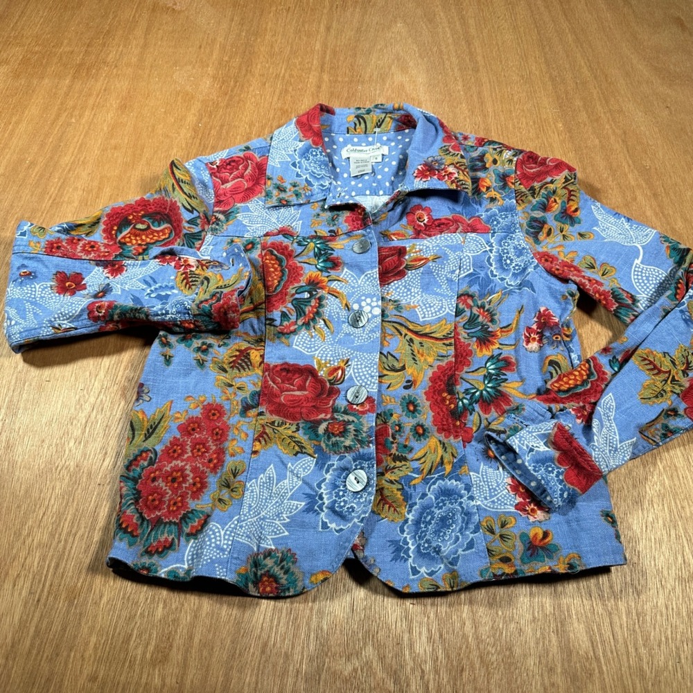 Coldwater Creek Floral Jacket Women S Blue Linen Blend Button Front Boho Blazer